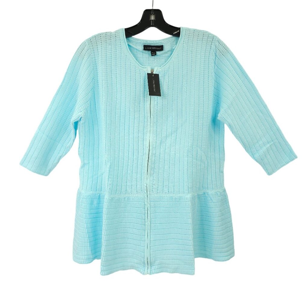 Lane Bryant Knit Sweater Top Blue Sz 10/12 Zip Front NEW 3/4 Sleeve Lightweight